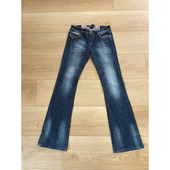 SILLY Jeans Women's Y2K Blue Wash Distressed Bootcut Flare Denim Pants 7 - Picture 1 of 6